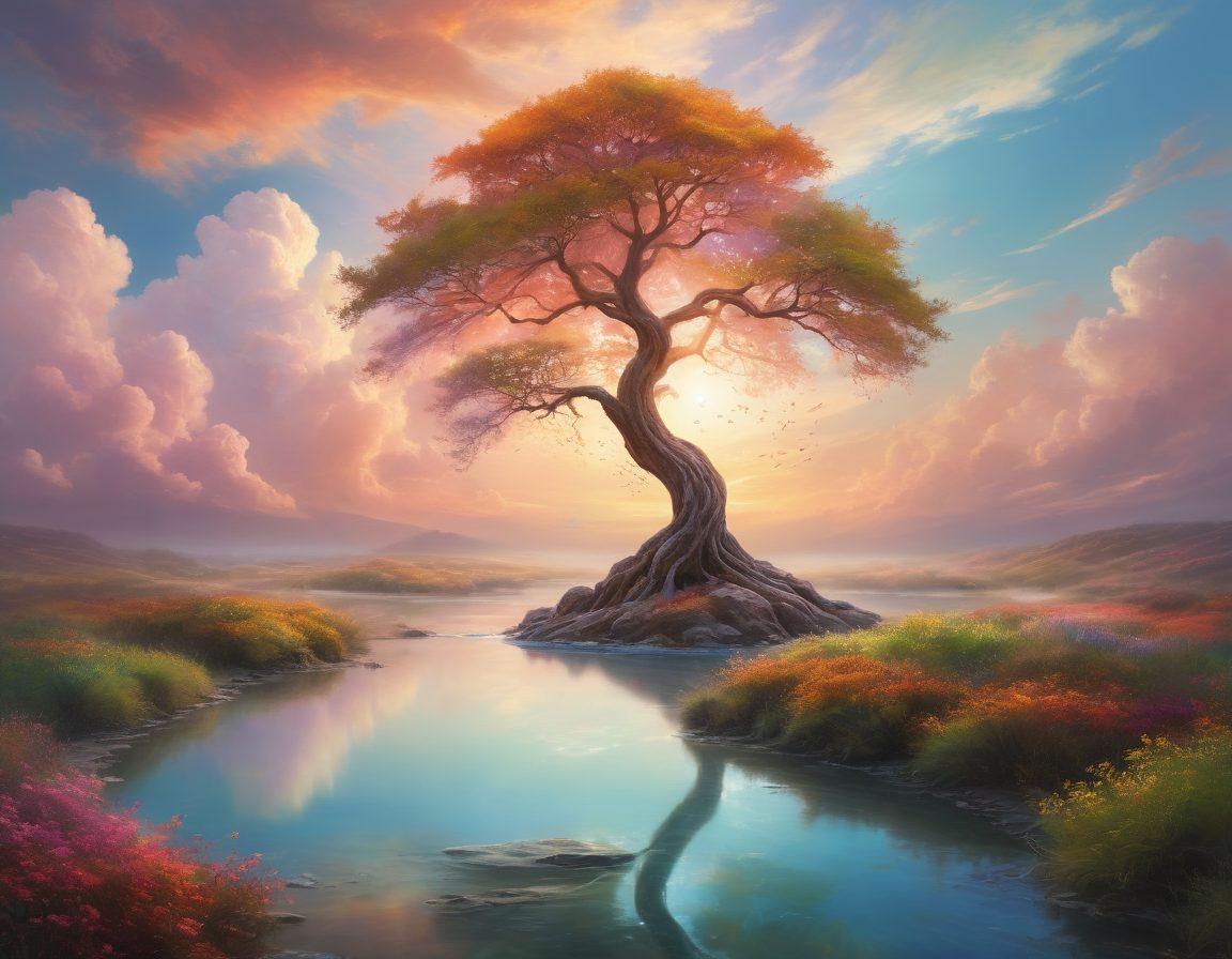 Create an ethereal landscape featuring a serene figure meditating at a crossroads, surrounded by natural elements symbolizing mind, body, and soul: a brain made of clouds above, a flowing stream representing the body, and a vibrant tree embodying the soul. The scene should reflect peace and harmony, with soft pastel colors and gentle sunlight filtering through the trees. surrealistic. vibrant colors. calming atmosphere.
