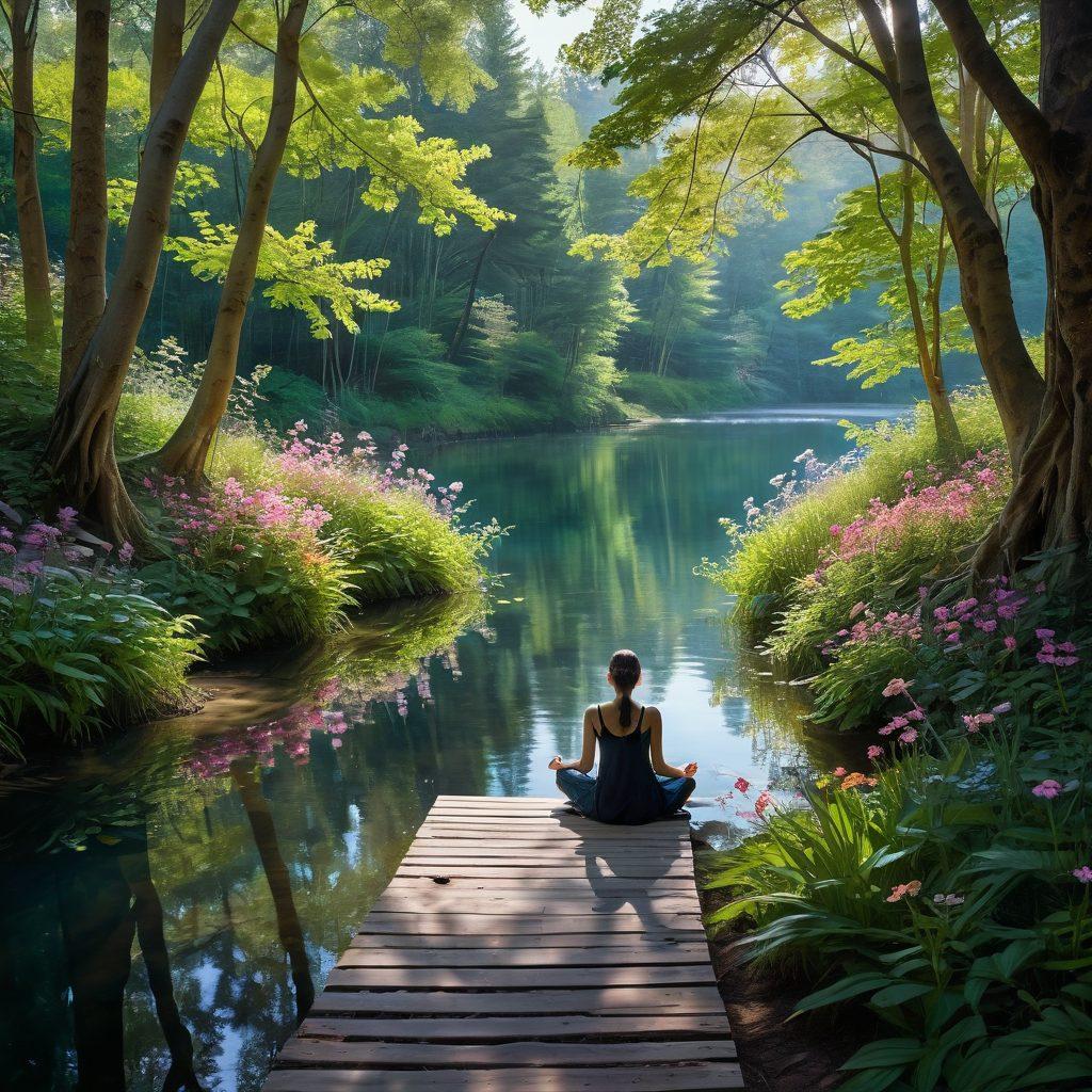 A serene landscape showcasing a tranquil path winding through a lush forest, with vibrant flowers and soft sunlight filtering through the trees. At the path's end, a figure meditating peacefully beside a calm lake, symbolizing self-discovery and inner peace. The scene is imbued with elements of nature, like butterflies and gentle ripples in the water. pastel colors. super-realistic.