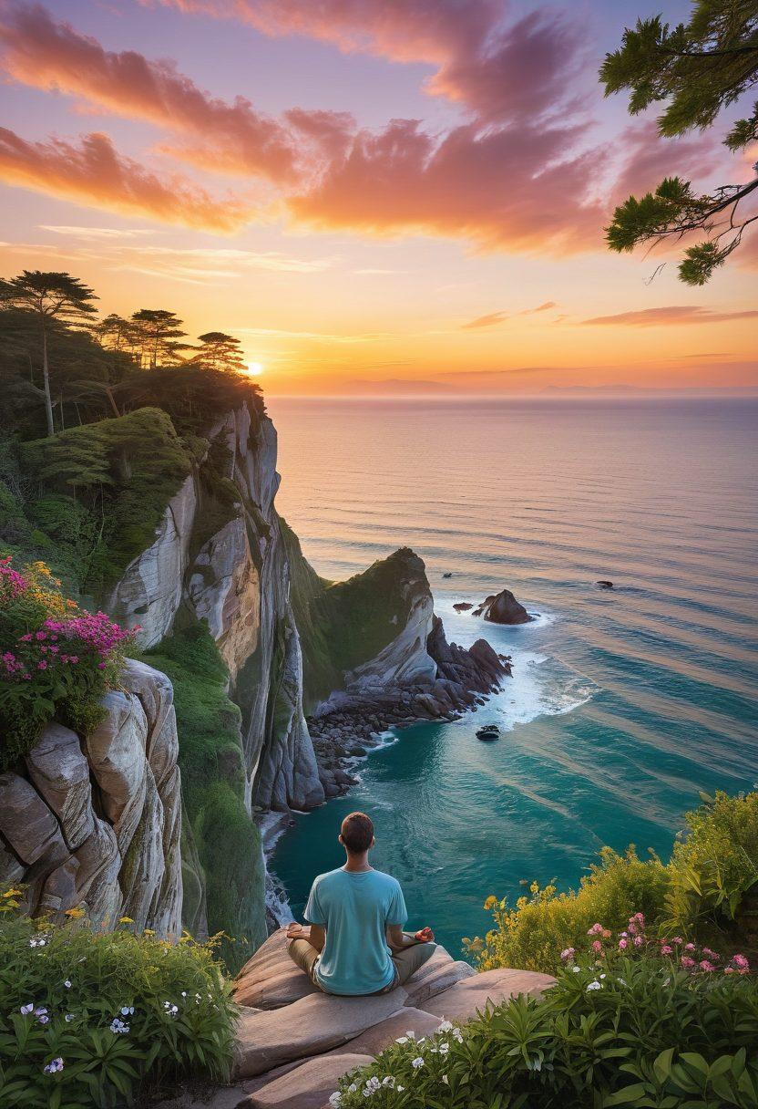 A serene landscape featuring a person meditating on a cliff overlooking a peaceful ocean at sunset, surrounded by lush green mountains. The sky is painted with vibrant pastel colors reflecting warmth and tranquility. Incorporate symbols of self-love like hearts or blooming flowers subtly integrated into the scenery. This image should evoke feelings of calm, acceptance, and inner peace. super-realistic. vibrant colors. soft lighting.